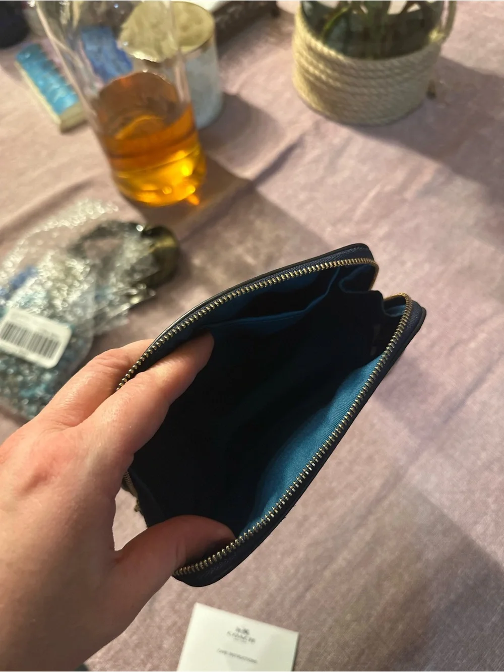 Coach Brown Signature Cosmetic Pouch with Teal Stripes